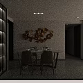 Modern Dining and Living Room Interior with Gray Walls Round Backlit Mirror and White Cabinets