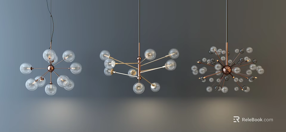 Modern Chandeliers With Branching Metal Frame And Glass Globes For Interior Decor 3d model 