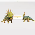 Two Colorful Dinosaur Figures With Spikes And Horns On White Surface
