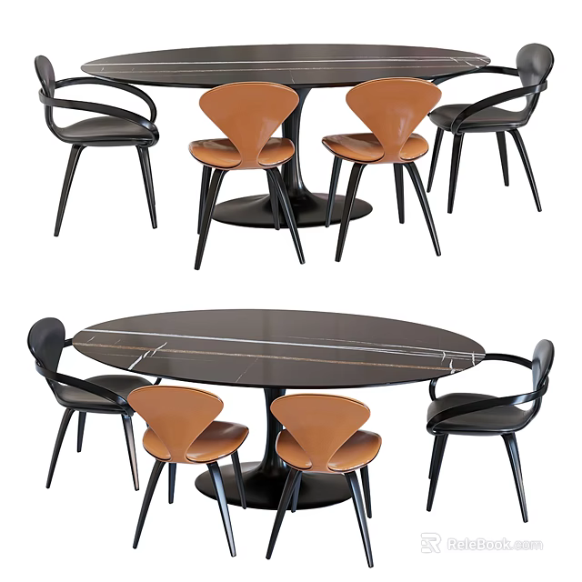 Modern Round Dining Table Set With Black Brown Chairs And Sleek Curved Design 3d model