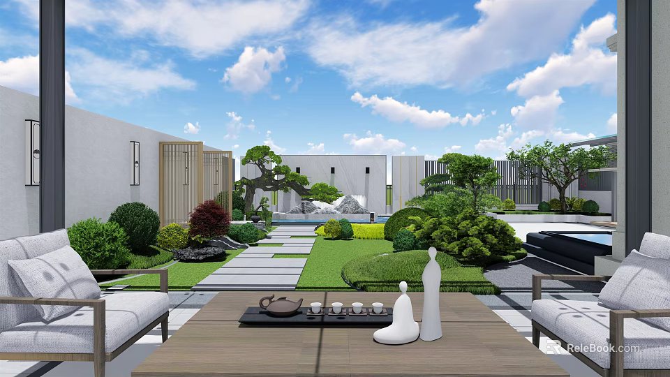 Modern Courtyard Garden Design With Green Lawn Stone Path Water Feature And Outdoor Furniture 3d model 