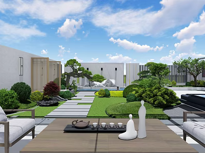 Modern Courtyard Garden Design With Green Lawn Stone Path Water Feature And Outdoor Furniture 3d model