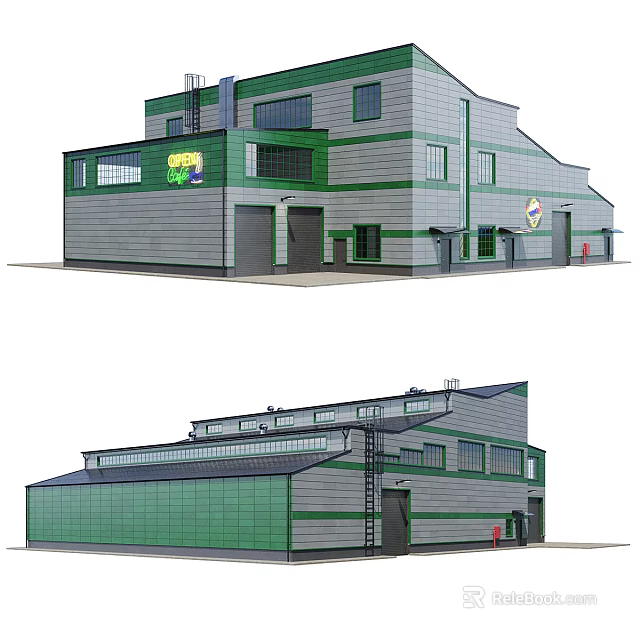 Green And Gray Multi Storey Industrial Factory Building With Large Windows Industrial Doors And Ventilation 3d model 