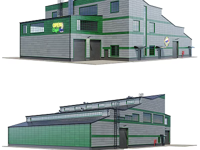 Green And Gray Multi Storey Industrial Factory Building With Large Windows Industrial Doors And Ventilation 3d model