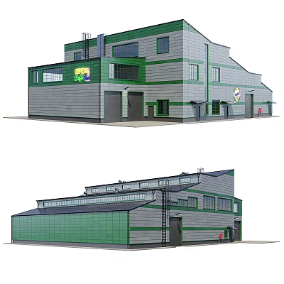 Green And Gray Multi Storey Industrial Factory Building With Large Windows Industrial Doors And Ventilation 3d model