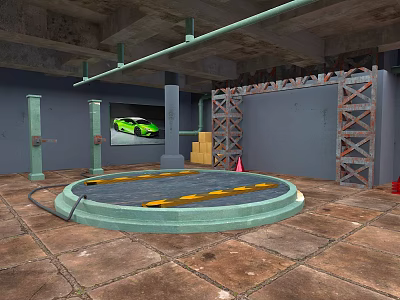 Industrial Garage Scene With Circular Platform Brown Tiles Green Pillars Scaffolding And Green Sports Car 3d model