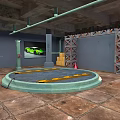 Industrial Garage Scene With Circular Platform Brown Tiles Green Pillars Scaffolding And Green Sports Car