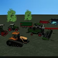 Various Agricultural Utility Vehicles On Green Grassland With Trees And Blue Sky