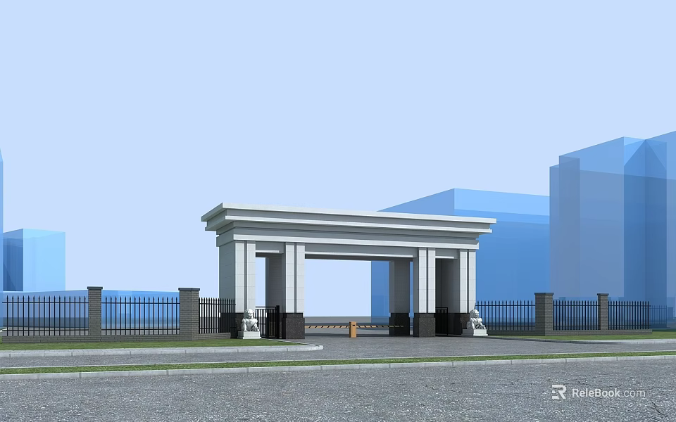 Modern White Entrance Gate with Columns and Black Fences Near Blue Buildings 3d model 