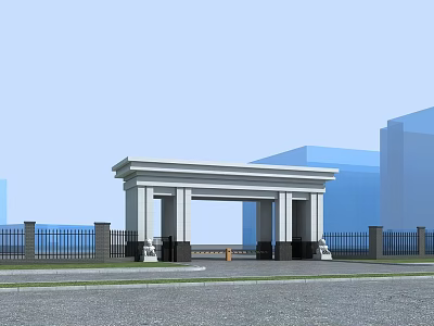 Modern White Entrance Gate with Columns and Black Fences Near Blue Buildings 3d model