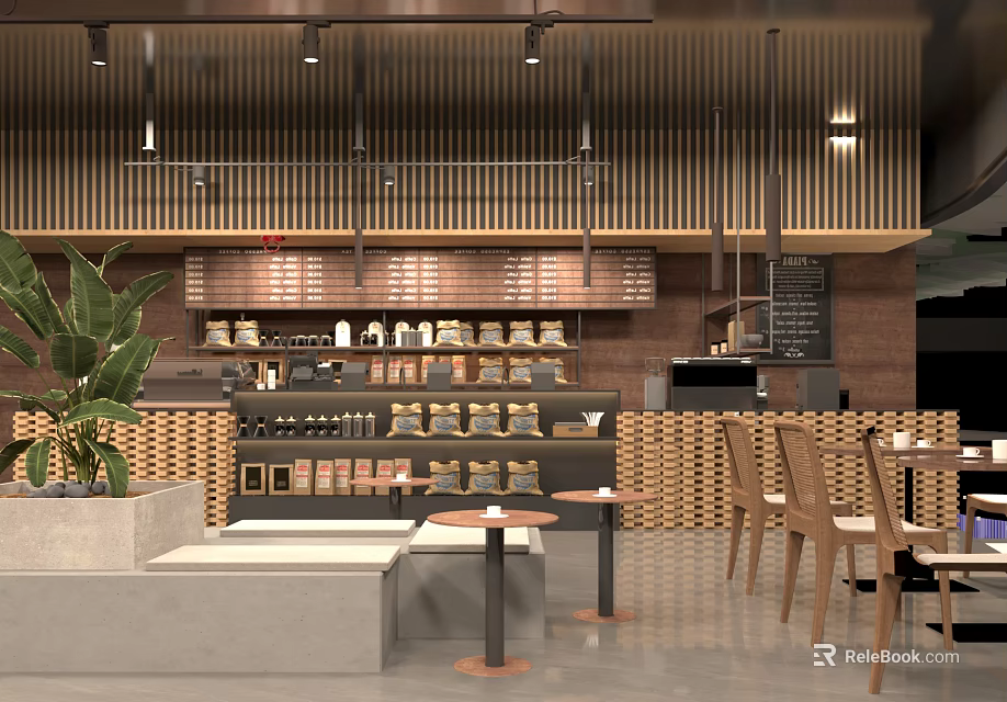 Modern Café Interior Design With Wooden Decor Bar Counter Tables And Green Plants 3d model 