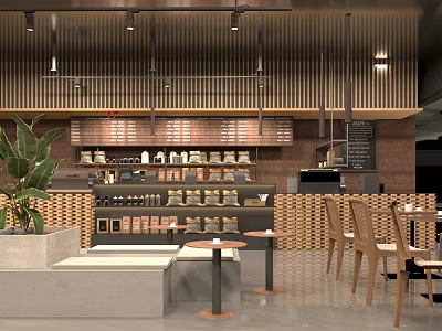 Modern Café Interior Design With Wooden Decor Bar Counter Tables And Green Plants 3d model