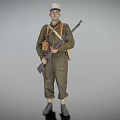 Green Uniformed Military Soldier Standing With Rifle Hat And Field Equipment