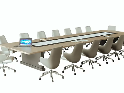Modern Office Conference Table With Multiple Gray Rolling Chairs And Laptop On Wooden Top 3d model