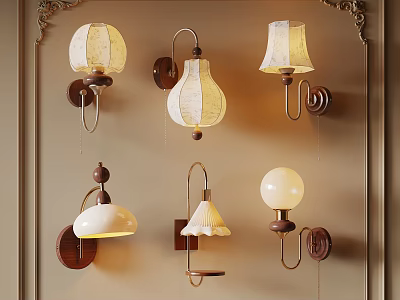 Various Decorative Wall Lamps With Wooden Bases Fabric And Glass Shades 3d model