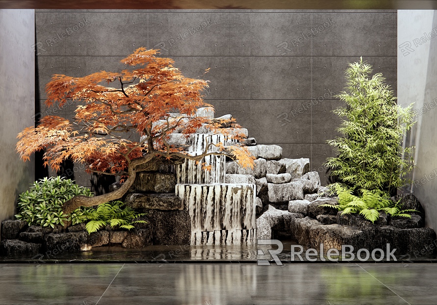 New Chinese-style rockery waterscape interior landscape sketch stone patio landscape courtyard sketch red maple landscape tree bamboo model