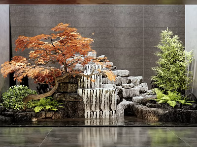 Indoor Landscape With Rockery Waterfall Orange Maple Tree And Green Plants Against Gray Wall 3d model