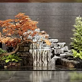 Indoor Landscape With Rockery Waterfall Orange Maple Tree And Green Plants Against Gray Wall