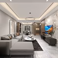 Modern Living and Dining Room Interior With Dining Table Chairs Chandelier TV Wall Marble Floor