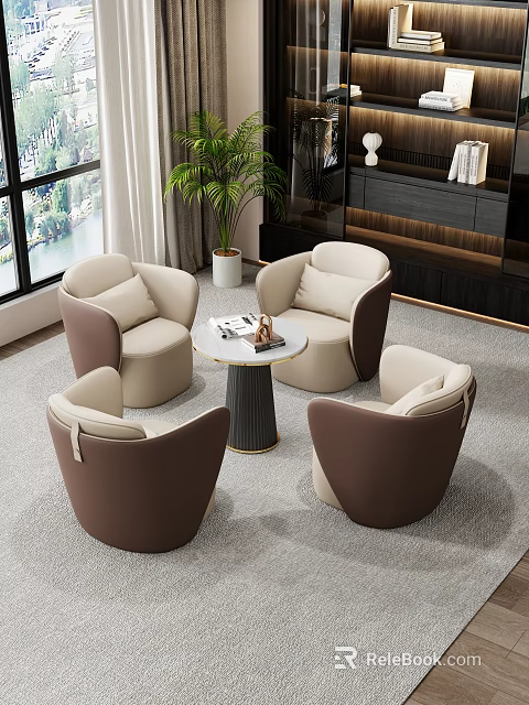 Four Piece Beige And Brown Leisure Sofa Set With Coffee Table By Window 3d model