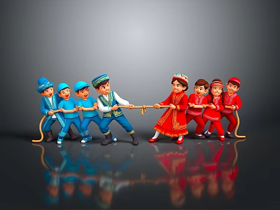 Traditional Costume Dolls Playing Tug of War With Rope And Colorful Outfits 3d model
