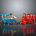 Traditional Costume Dolls Playing Tug of War With Rope And Colorful Outfits