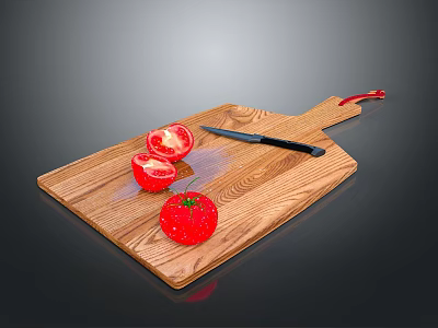 Fresh Red Tomato With Sliced Pieces On Wooden Cutting Board And Kitchen Knife 3d model