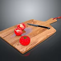 Fresh Red Tomato With Sliced Pieces On Wooden Cutting Board And Kitchen Knife