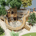 Outdoor Wooden Play Equipment With Tree House And Spiral Slide Surrounded By Green Trees