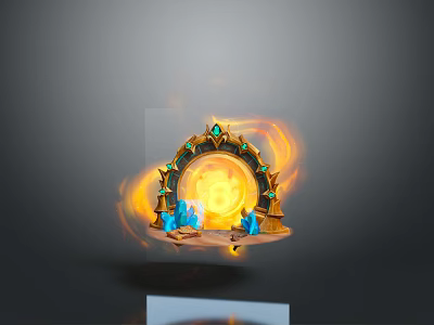 Fantasy Landscape with Golden Arch Flames Blue Crystals and Gray Gradient Background Reflection 3d model