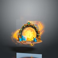 Fantasy Landscape with Golden Arch Flames Blue Crystals and Gray Gradient Background Reflection