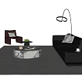 Black Leather Sofa And Round Marble Coffee Table Set With Throw Pillows On Beige Carpet 3d model