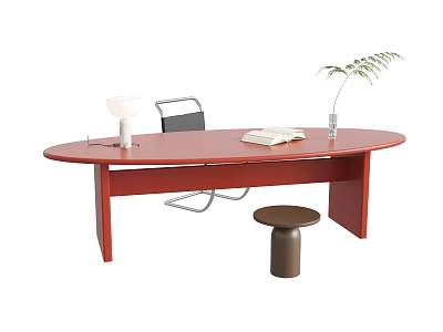 Red Oval Desk With Table Lamp Open Book Plant Vase Chair And Small Stool 3d model