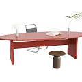 Red Oval Desk With Table Lamp Open Book Plant Vase Chair And Small Stool