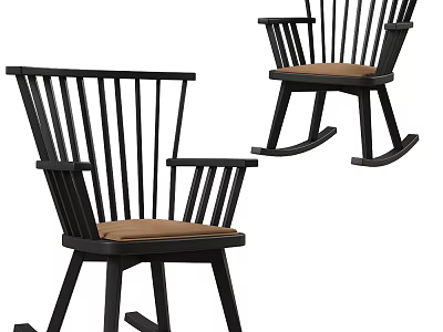 Set of Two Black Wooden Lounge Chairs with Beige Cushion and Armrests 3d model