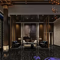 Chinese Style Hotel Lobby With Latticed Ceiling Chandelier Landscape Painting And Marble Floor