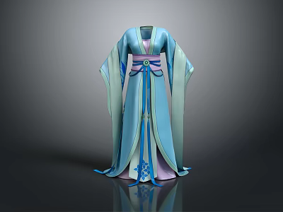 Traditional Chinese Hanfu Blue Robe With Elegant Sleeves And Purple Sash 3d model