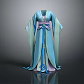 Traditional Chinese Hanfu Blue Robe With Elegant Sleeves And Purple Sash