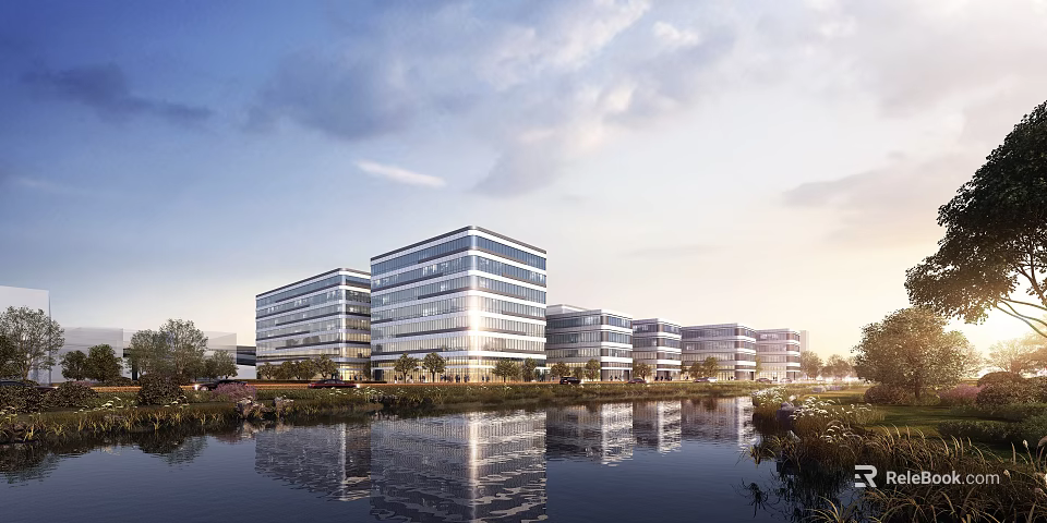 Modern Office Building Complex With Glass Facade Water Reflection And Green Landscape 3d model 