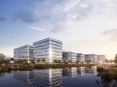 Modern Office Building Complex With Glass Facade Water Reflection And Green Landscape 3d model