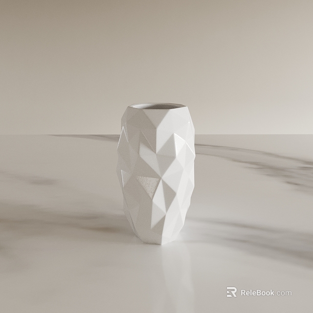White Geometric Polyhedral Vase with Angular Surface Placed on Marble Countertop Light Background 3d model 