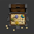 Open Wooden Treasure Chest With Pumpkin Decoration Purple Ball Blue Box And Scattered Gold Coins