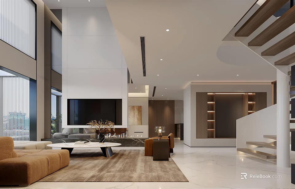Modern Duplex Living Room Interior With Spacious Layout High Ceiling Large Windows And Stylish Sofa 3d model
