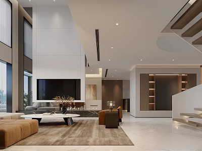 Modern Duplex Living Room Interior With Spacious Layout High Ceiling Large Windows And Stylish Sofa 3d model