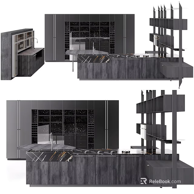 Modern Kitchen Cabinets Interior Design With Marble Island And Sleek Countertop 3d model 