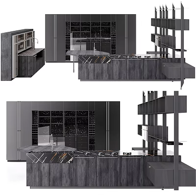 Modern Kitchen Cabinets Interior Design With Marble Island And Sleek Countertop 3d model