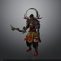 Fantasy Warrior Character With Mythical Creature Headpiece And Ornate Red Gold Costume
