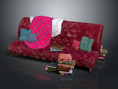 Red Tufted Sectional Sofa with Pink Plaid Blanket Colorful Cushions and Stack of Books 3d model