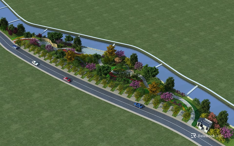 Park Landscape With Curved River Winding Road Colorful Trees Green Lawns And Flowering Plants 3d model 
