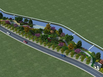 Park Landscape With Curved River Winding Road Colorful Trees Green Lawns And Flowering Plants 3d model